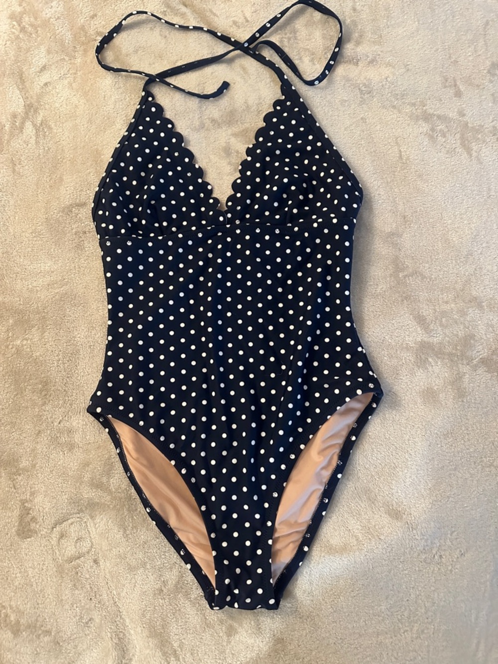 J. Crew Navy Polk a dot one piece with scollop outline on top
